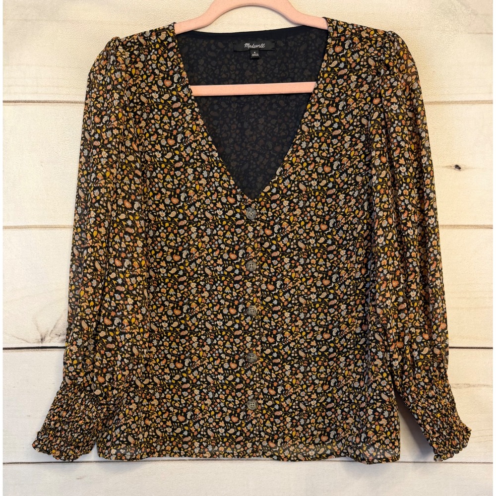 Madewell Floral Paisley V-Neck Button-Front Blouse Sheer Smocked Sleeve Top 6